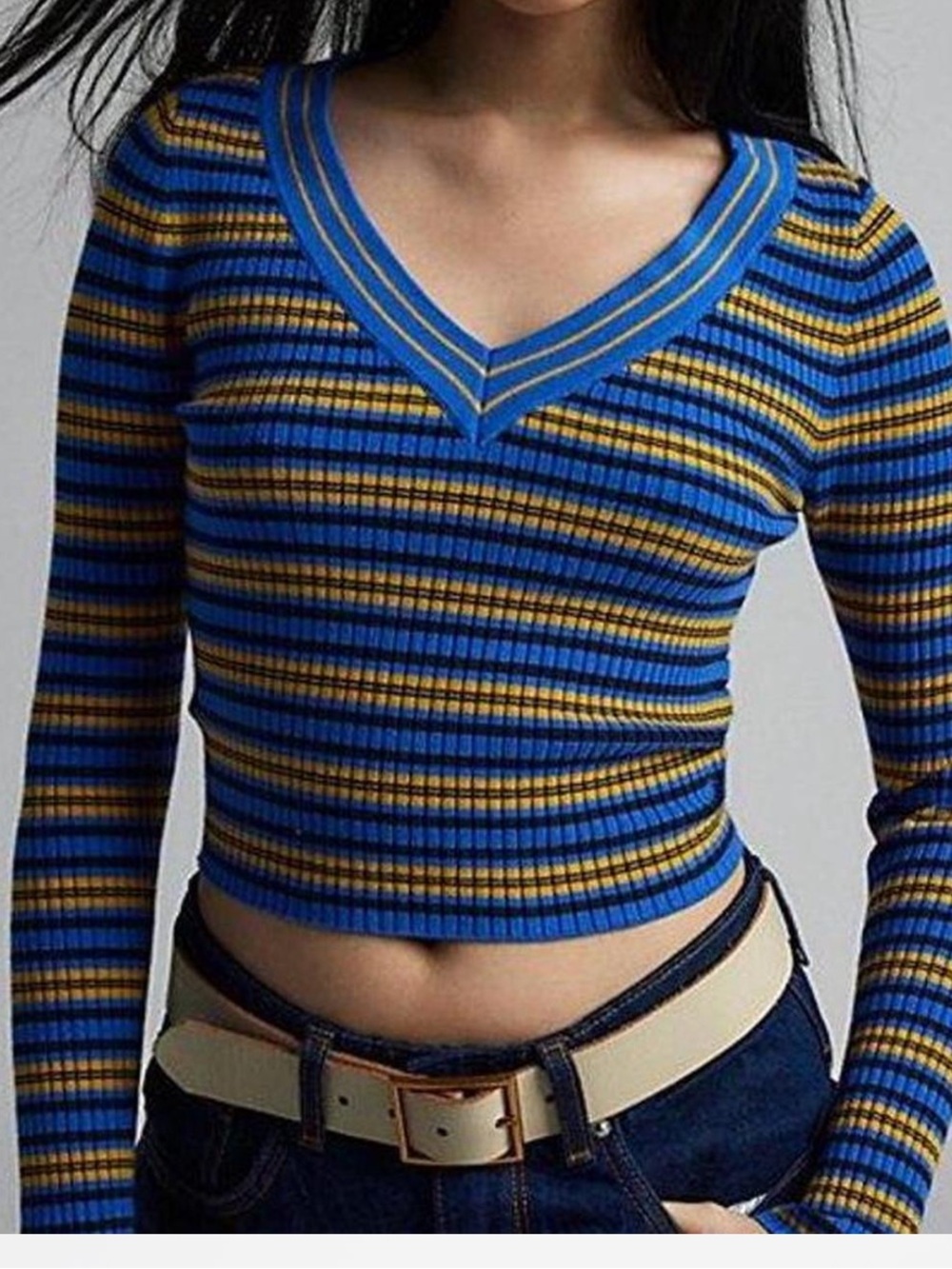 BDG Addison V-Neck Ribbed Knit Sweater in blue, yellow stripes. SZ M